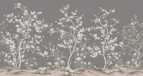 Gray Chinoiserie Floral Wall Mural, Birds Tree Flowers Wallpaper, Custom Size Wall Covering, Non - Woven, Non - Adhesive, Removable, Washable - Adawall Wallpaper - Registered Trade Accounts Only, Wallpaper Wholesale Account - FJ304-3 - Adawall Wholesale - Wallpaper Wholesaler