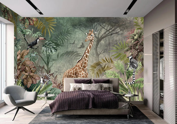 Gray Tropical Forest Theme Wallpaper, Animals Wall Mural, Giraffe, Birds, Leaves, Jungle, Non - Pasted, Large Wall Art, Removable, Nature Theme - Adawall Wallpaper - Registered Trade Accounts Only, Wallpaper Wholesale Account - A312-3 - Adawall Wholesale - Wallpaper Wholesaler