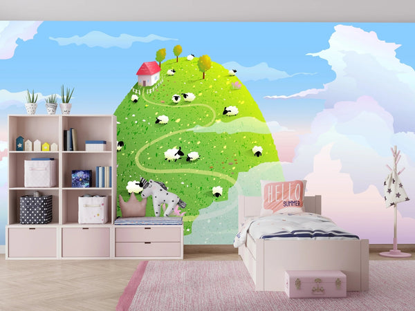 Green Hill Wallpaper, Sheep Mural, Oversized Custom Size Wall Art, Non - Woven, Non - Adhesive, Modern Wall Paper, Removable - Adawall Wallpaper - Registered Trade Accounts Only, Wallpaper Wholesale Account - W78132 - Adawall Wholesale - Wallpaper Wholesaler