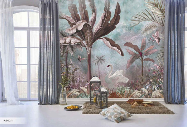 Green Modern Luxury Tropical Wallpaper, Swan, Non - Woven Custom Wall Mural, Non - Adhesive, Washable, Decorative, Removable, Home Decor Wall Art - Adawall Wallpaper - Registered Trade Accounts Only, Wallpaper Wholesale Account - A302-1 - Adawall Wholesale - Wallpaper Wholesaler