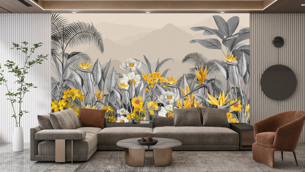 Grey Plants Wallpaper, Yellow Flowers Mural, Oversized Custom Size Wall Art, Non - Woven, Non - Adhesive, Modern Wall Paper, Removable - Adawall Wallpaper - Registered Trade Accounts Only, Wallpaper Wholesale Account - W77842 - Adawall Wholesale - Wallpaper Wholesaler