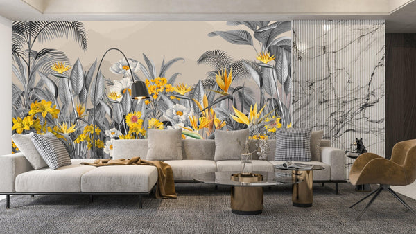 Grey Plants Wallpaper, Yellow Flowers Mural, Oversized Custom Size Wall Art, Non - Woven, Non - Adhesive, Modern Wall Paper, Removable - Adawall Wallpaper - Registered Trade Accounts Only, Wallpaper Wholesale Account - W77842 - Adawall Wholesale - Wallpaper Wholesaler