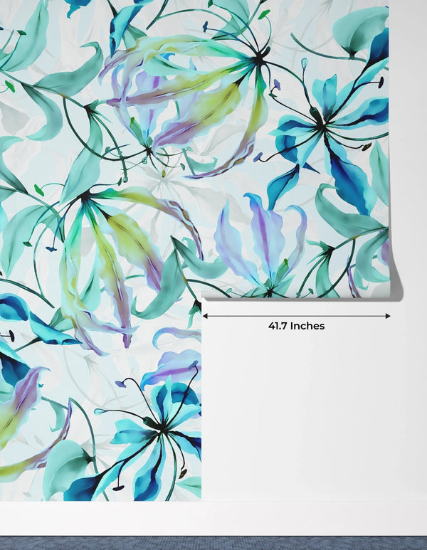 Hand Painted Flowers Shibori Wallpaper, Blue and Green Mural, Oversized Custom Size Wall Art, Non - Woven, Non - Adhesive, Modern Wall Paper, Removable - Adawall Wallpaper - Registered Trade Accounts Only, Wallpaper Wholesale Account - W77578 - Adawall Wholesale - Wallpaper Wholesaler