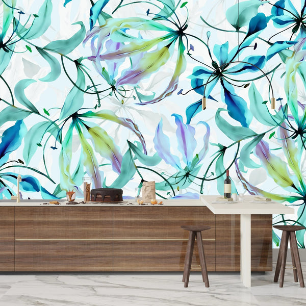 Hand Painted Flowers Shibori Wallpaper, Blue and Green Mural, Oversized Custom Size Wall Art, Non - Woven, Non - Adhesive, Modern Wall Paper, Removable - Adawall Wallpaper - Registered Trade Accounts Only, Wallpaper Wholesale Account - W77578 - Adawall Wholesale - Wallpaper Wholesaler