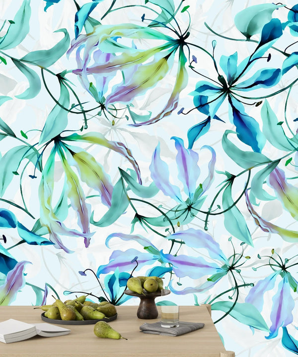Hand Painted Flowers Shibori Wallpaper, Blue and Green Mural, Oversized Custom Size Wall Art, Non - Woven, Non - Adhesive, Modern Wall Paper, Removable - Adawall Wallpaper - Registered Trade Accounts Only, Wallpaper Wholesale Account - W77578 - Adawall Wholesale - Wallpaper Wholesaler