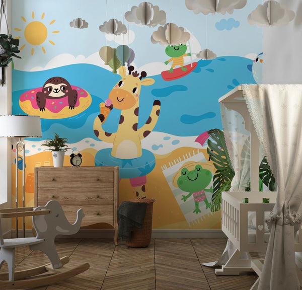 Happy Little Animals Wallpaper, Tropical Beach Mural, Oversized Custom Size Wall Art, Non - Woven, Non - Adhesive, Modern Wall Paper, Removable - Adawall Wallpaper - Registered Trade Accounts Only, Wallpaper Wholesale Account - W78128 - Adawall Wholesale - Wallpaper Wholesaler
