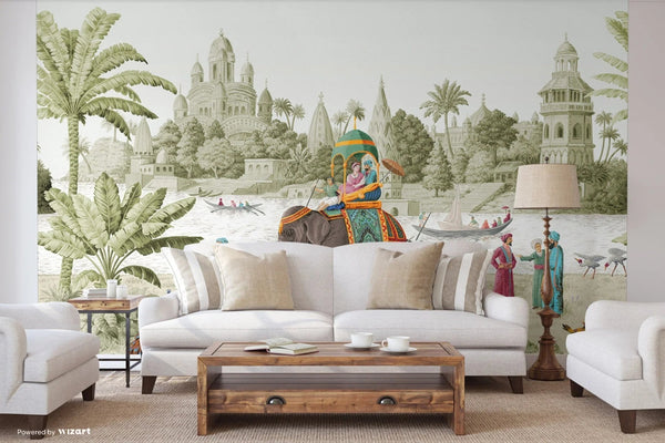 Indian Elephant Scene Wallpaper, Early Morning of India Historical Wall Mural, Green Custom Size Wall Covering, Non - Woven, Non - Pasted, Removable - Adawall Wallpaper - Registered Trade Accounts Only, Wallpaper Wholesale Account - FJ309-2 - Adawall Wholesale - Wallpaper Wholesaler