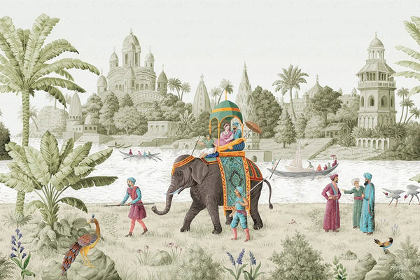 Indian Elephant Scene Wallpaper, Early Morning of India Historical Wall Mural, Green Custom Size Wall Covering, Non - Woven, Non - Pasted, Removable - Adawall Wallpaper - Registered Trade Accounts Only, Wallpaper Wholesale Account - FJ309-2 - Adawall Wholesale - Wallpaper Wholesaler