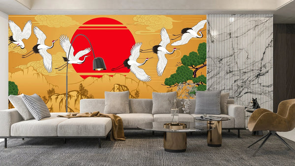 Japanese Landscape Wallpaper, Cranes Mural, Oversized Custom Size Wall Art, Non - Woven, Non - Adhesive, Modern Wall Paper, Removable - Adawall Wallpaper - Registered Trade Accounts Only, Wallpaper Wholesale Account - W77696 - Adawall Wholesale - Wallpaper Wholesaler