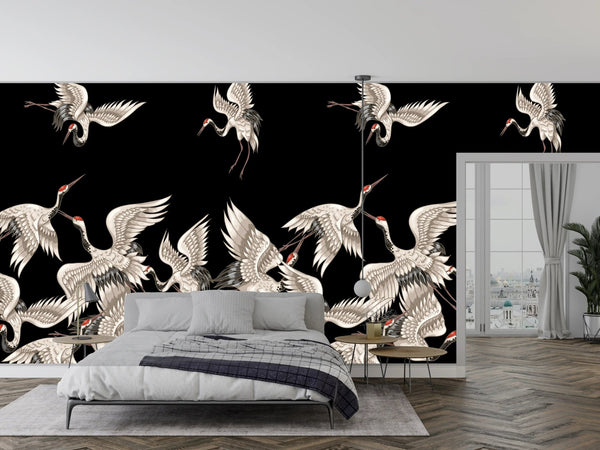 Japanese White Cranes Wallpaper, Seamless Pattern Mural, Oversized Custom Size Wall Art, Non - Woven, Non - Adhesive, Modern Wall Paper, Removable - Adawall Wallpaper - Registered Trade Accounts Only, Wallpaper Wholesale Account - W77686 - Adawall Wholesale - Wallpaper Wholesaler