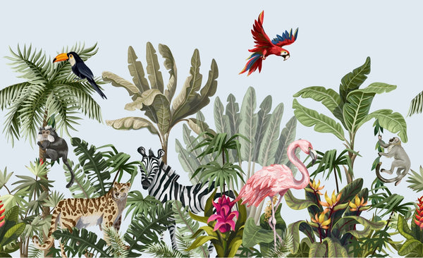 Jungle Animals Wallpaper, Flowers Mural, Oversized Custom Size Wall Art, Non - Woven, Non - Adhesive, Modern Wall Paper, Removable - Adawall Wallpaper - Registered Trade Accounts Only, Wallpaper Wholesale Account - W77660 - Adawall Wholesale - Wallpaper Wholesaler