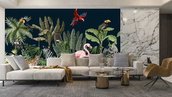 Jungle Animals Wallpaper, Tropical Plants Mural, Oversized Custom Size Wall Art, Non - Woven, Non - Adhesive, Modern Wall Paper, Removable - Adawall Wallpaper - Registered Trade Accounts Only, Wallpaper Wholesale Account - W77657 - Adawall Wholesale - Wallpaper Wholesaler