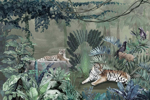 jungle Tigers Wall Mural, Green Nature Forest Theme Wallpaper, Custom Large Wall Mural, Non - Adhesive, Washable, Removable Wall Paper, Birds, Non - Woven Back - Adawall Wallpaper - Registered Trade Accounts Only, Wallpaper Wholesale Account - A311-3 - Adawall Wholesale - Wallpaper Wholesaler