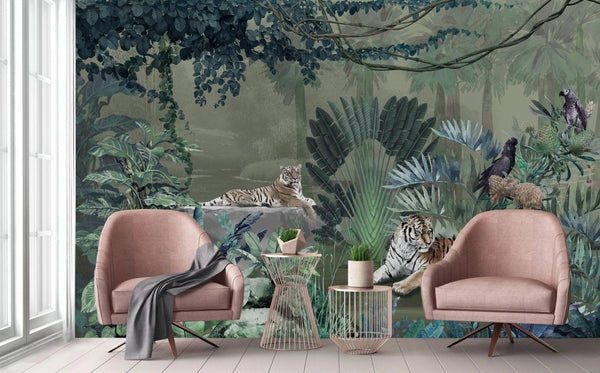 jungle Tigers Wall Mural, Green Nature Forest Theme Wallpaper, Custom Large Wall Mural, Non - Adhesive, Washable, Removable Wall Paper, Birds, Non - Woven Back - Adawall Wallpaper - Registered Trade Accounts Only, Wallpaper Wholesale Account - A311-3 - Adawall Wholesale - Wallpaper Wholesaler