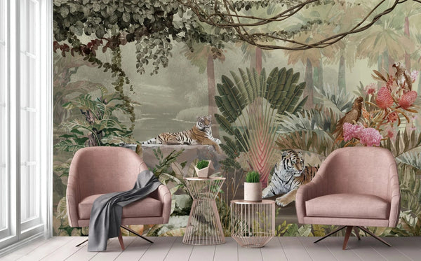 jungle Tigers Wall Mural, Ivory Nature Forest Theme Wallpaper, Custom Large Wall Mural, Non - Adhesive, Washable, Removable Wall Paper, Birds, Non - Woven Back - Adawall Wallpaper - Registered Trade Accounts Only, Wallpaper Wholesale Account - A311-1 - Adawall Wholesale - Wallpaper Wholesaler