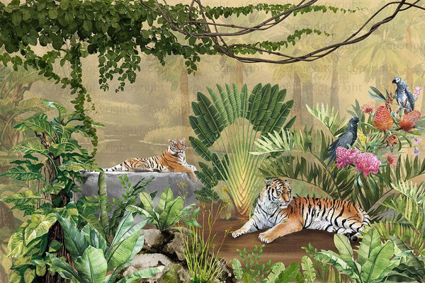 jungle Tigers Wall Mural, Yellow Nature Forest Theme Wallpaper, Custom Large Wall Mural, Non - Adhesive, Washable, Removable Wall Paper, Birds, Non - Woven Back - Adawall Wallpaper - Registered Trade Accounts Only, Wallpaper Wholesale Account - A311-2 - Adawall Wholesale - Wallpaper Wholesaler