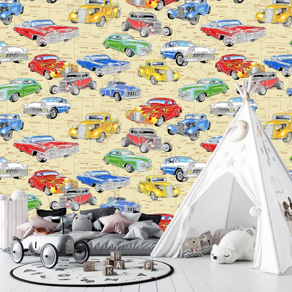 Kids Cars Wallpaper, Seamless Pattern Mural, Oversized Custom Size Wall Art, Non - Woven, Non - Adhesive, Modern Wall Paper, Removable - Adawall Wallpaper - Registered Trade Accounts Only, Wallpaper Wholesale Account - W77826 - Adawall Wholesale - Wallpaper Wholesaler