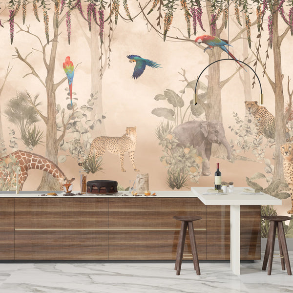 Kids Animals Wallpaper, Forest Mural, Oversized Custom Size Wall Art, Non-Woven, Non-Adhesive, Modern Wall Paper, Removable