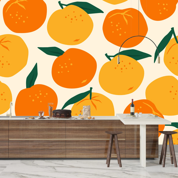 Mandarins, Beige Background Wallpaper, Seamless Pattern Mural, Oversized Custom Size Wall Art, Non-Woven, Non-Adhesive, Modern Wall Paper, Removable