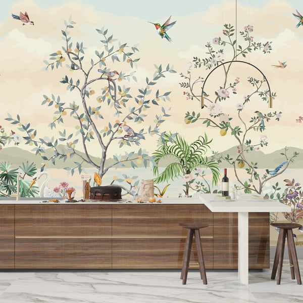 Blossom Chinoiserie Wallpaper, Birds Mural, Oversized Custom Size Wall Art, Non-Woven, Non-Adhesive, Modern Wall Paper, Removable