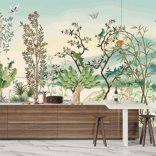 Chinoiserie Wallpaper, Floral Trees and Birds Mural, Oversized Custom Size Wall Art, Non-Woven, Non-Adhesive, Modern Wall Paper, Removable