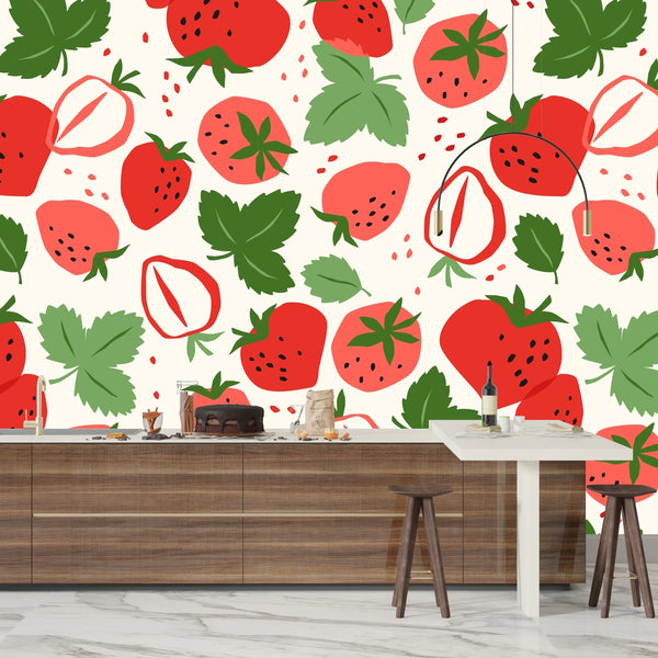 Strawberries, White Background Wallpaper, Seamless Pattern Mural, Oversized Custom Size Wall Art, Non-Woven, Non-Adhesive, Modern Wall Paper, Removable