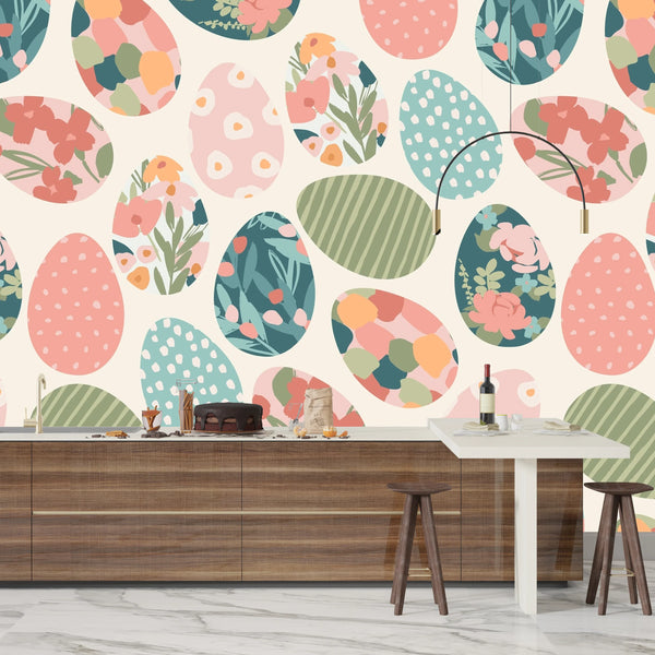 Easter Eggs with Abstract Flowers Wallpaper, Seamless Pattern Mural, Oversized Custom Size Wall Art, Non-Woven, Non-Adhesive, Modern Wall Paper, Removable
