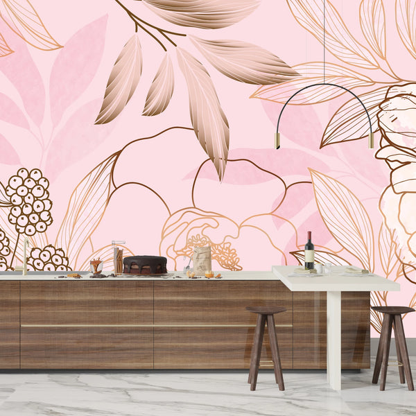 Luxury Golden, Pink Wallpaper, Tropical Flower Mural, Oversized Custom Size Wall Art, Non-Woven, Non-Adhesive, Modern Wall Paper, Removable