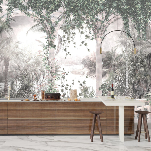 White Arch Wallpaper, Tropical Leaves, Vines Mural, Oversized Custom Size Wall Art, Non-Woven, Non-Adhesive, Modern Wall Paper, Removable