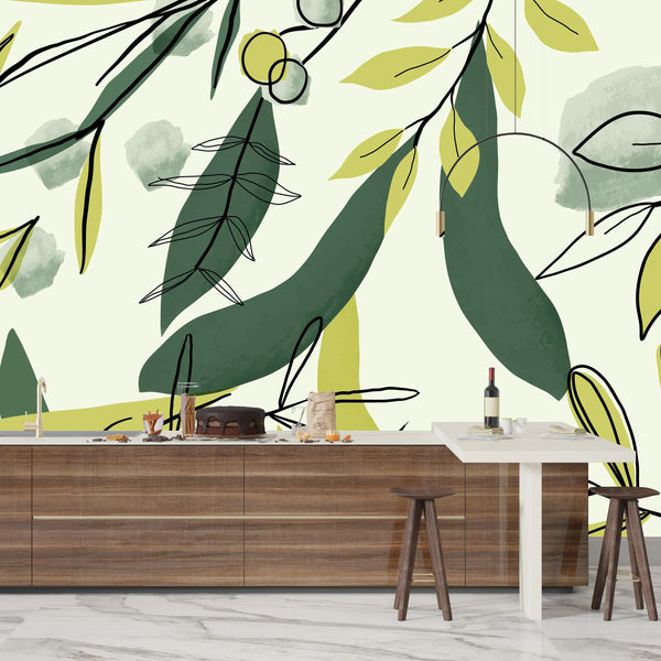 Watercolor Art Wallpaper, Green Leaves Mural, Oversized Custom Size Wall Art, Non-Woven, Non-Adhesive, Modern Wall Paper, Removable