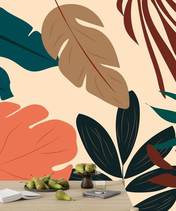 Natural Plants Wallpaper, Beige Background Mural, Oversized Custom Size Wall Art, Non-Woven, Non-Adhesive, Modern Wall Paper, Removable