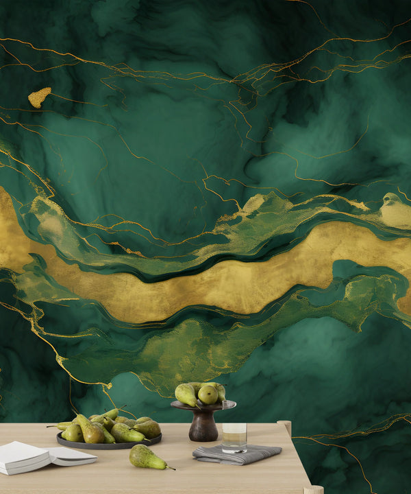 Black and Green Marble Wallpaper, Abstract Mural, Oversized Custom Size Wall Art, Non-Woven, Non-Adhesive, Modern Wall Paper, Removable