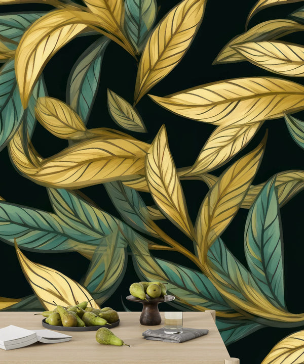Gold and Light Green Leaves Wallpaper, Seamless Pattern Mural, Oversized Custom Size Wall Art, Non-Woven, Non-Adhesive, Modern Wall Paper, Removable