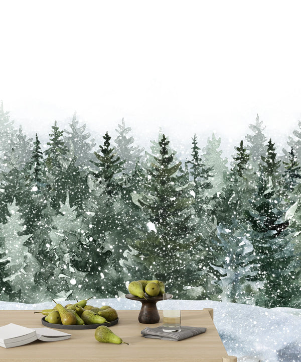 Winter Snowy Forest Wallpaper, Watercolor Mural, Oversized Custom Size Wall Art, Non-Woven, Non-Adhesive, Modern Wall Paper, Removable