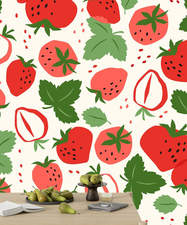 Strawberries, White Background Wallpaper, Seamless Pattern Mural, Oversized Custom Size Wall Art, Non-Woven, Non-Adhesive, Modern Wall Paper, Removable
