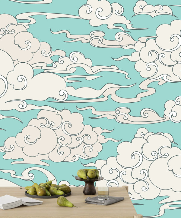 Clouds, Blue Background Wallpaper, Seamless Pattern Mural, Oversized Custom Size Wall Art, Non-Woven, Non-Adhesive, Modern Wall Paper, Removable