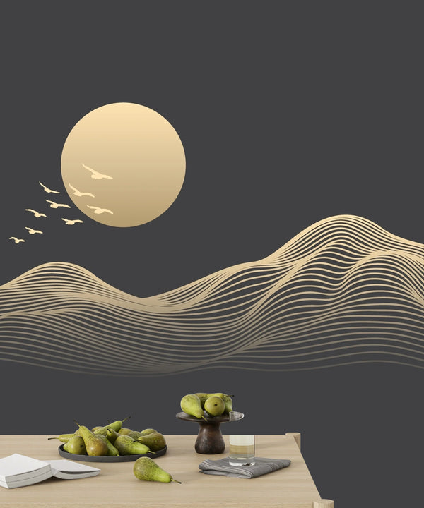 Abstract Gold Landscape Wallpaper, Mountain and Birds, Black Background Mural, Oversized Custom Size Wall Art, Non-Woven, Non-Adhesive, Modern Wall Paper, Removable