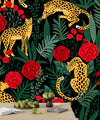 Leopards and Red Roses Wallpaper, Seamless Pattern Mural, Oversized Custom Size Wall Art, Non-Woven, Non-Adhesive, Modern Wall Paper, Removable