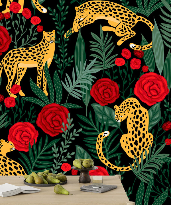 Leopards and Red Roses Wallpaper, Seamless Pattern Mural, Oversized Custom Size Wall Art, Non-Woven, Non-Adhesive, Modern Wall Paper, Removable