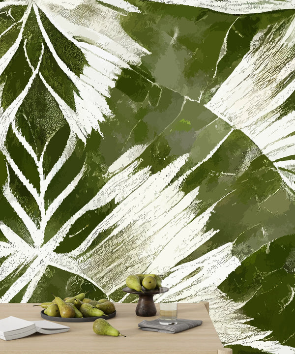 Ikat Boho Art Wallpaper, Greenish Mural, Oversized Custom Size Wall Art, Non-Woven, Non-Adhesive, Modern Wall Paper, Removable