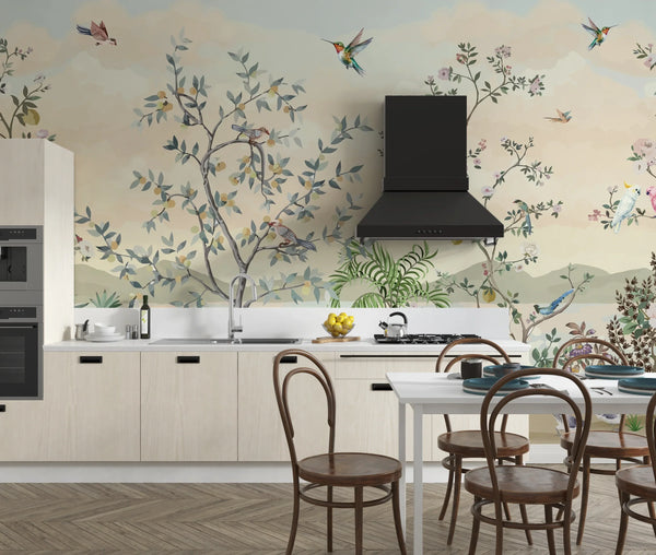 Blossom Chinoiserie Wallpaper, Birds Mural, Oversized Custom Size Wall Art, Non-Woven, Non-Adhesive, Modern Wall Paper, Removable