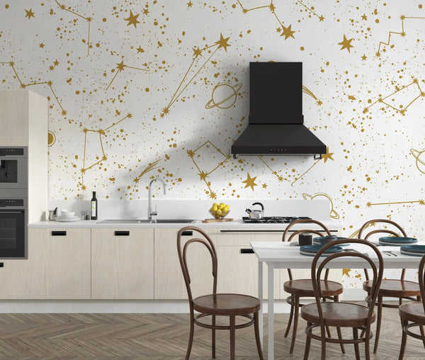 Golden Constellation Wallpaper, White Background Mural, Oversized Custom Size Wall Art, Non-Woven, Non-Adhesive, Modern Wall Paper, Removable
