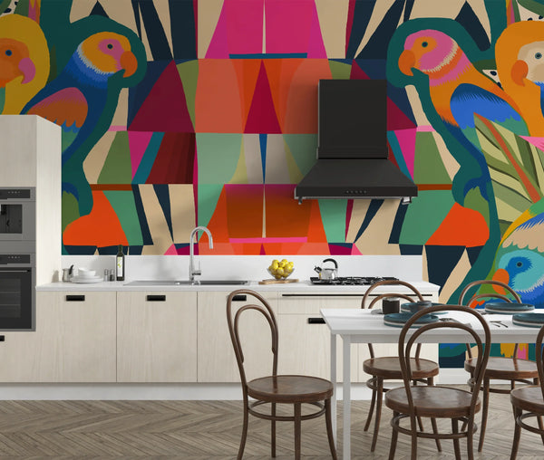 Exotic Botanical Geometric Wallpaper, Seamless Pattern Mural, Oversized Custom Size Wall Art, Non-Woven, Non-Adhesive, Modern Wall Paper, Removable