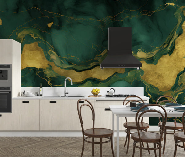 Black and Green Marble Wallpaper, Abstract Mural, Oversized Custom Size Wall Art, Non-Woven, Non-Adhesive, Modern Wall Paper, Removable