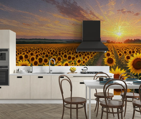 Panaroma Sunflowers, Sunset Wallpaper, Oil Painting Mural, Oversized Custom Size Wall Art, Non-Woven, Non-Adhesive, Modern Wall Paper, Removable