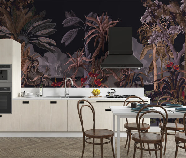 Dark Jungle Landscape Wallpaper, Tropical Trees Wall Mural, Oversized Custom Size Wall Art, Non-Woven, Non-Adhesive, Modern Wall Paper, Removable