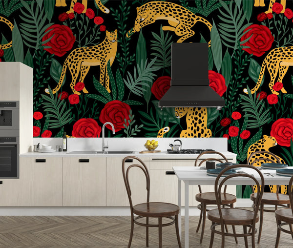Leopards and Red Roses Wallpaper, Seamless Pattern Mural, Oversized Custom Size Wall Art, Non-Woven, Non-Adhesive, Modern Wall Paper, Removable