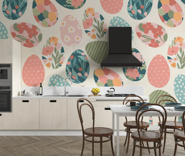 Easter Eggs with Abstract Flowers Wallpaper, Seamless Pattern Mural, Oversized Custom Size Wall Art, Non-Woven, Non-Adhesive, Modern Wall Paper, Removable