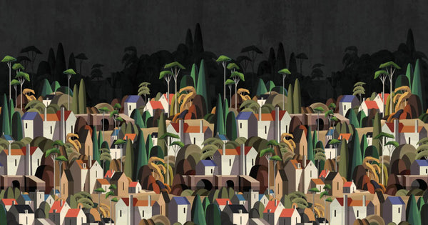 Landscape Wall Mural Houses Cityscape Stylish Wallpaper, Black Oversized Custom Size Wall Covering, Non-Woven, Non-Adhesive, Modern Large Art - Walloro High End Wallcoverings & More