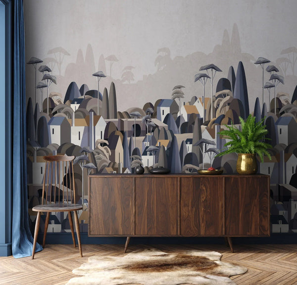 Landscape Wall Mural Houses Cityscape Stylish Wallpaper, Gray Oversized Custom Size Wall Covering, Non - Woven, Non - Adhesive, Modern Large Art - Adawall Wallpaper - Registered Trade Accounts Only, Wallpaper Wholesale Account - SE318-2 - Adawall Wholesale - Wallpaper Wholesaler